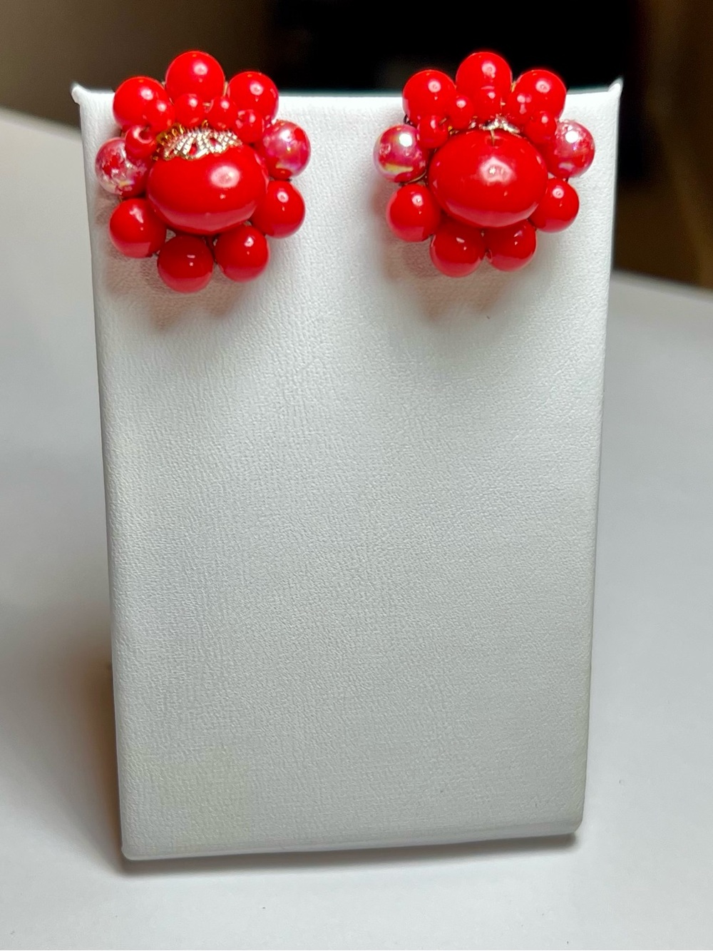 Vintage Japan Red Beaded Flower Clip On Earrings Retro Statement Pair